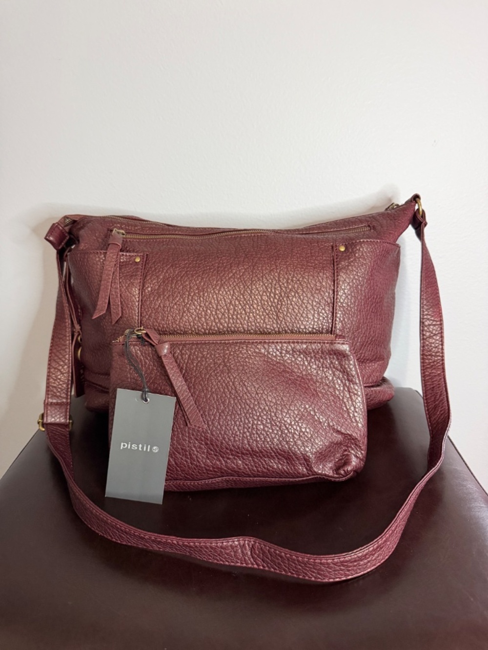 Pistil Burgundy Pebbled Faux Leather Purse & Wallet Set NWT Boho